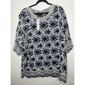 SOLITAIRE Womens Navy Blue Tunic Blouse Shirt Top  Embroidery Plus Size 1X NWT